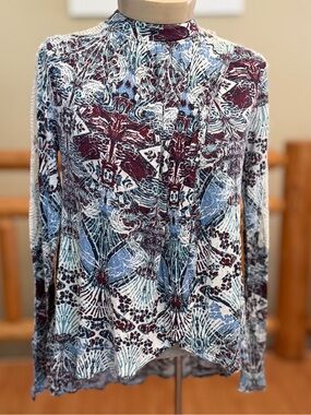 Free People Long Sleeve Mock Neck Top - Blue & Burgundy